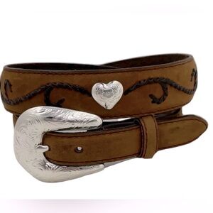 TONY LAMA Ropin’ Hearts Belt Western Brown Leather Silver Heart Conchos